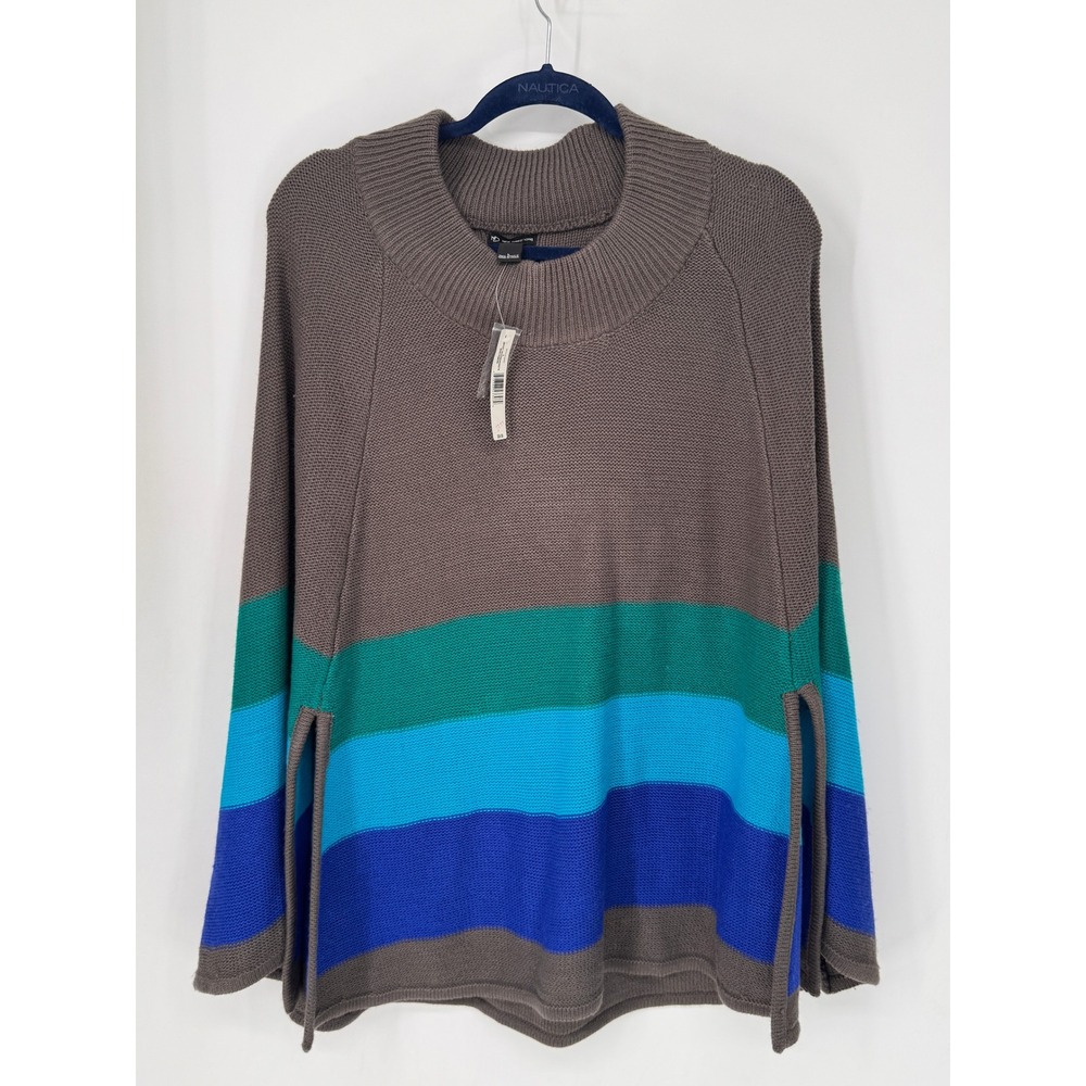 New Directions Poncho Women L Taupe NWT Striped Mock Neck Side Slits Oversized
